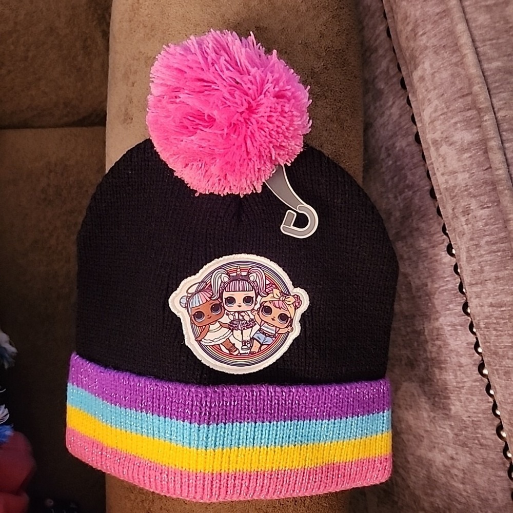 Girls LOL Surprise Black Rainbow Cuffed Knit Hat Pom One Size Fits Most New
